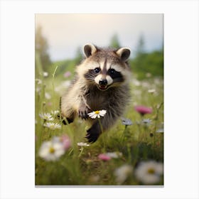 Cute Funny Guadeloupe Raccoon Running On A Field 3 Canvas Print