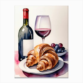 Croissant and Wine watercolor painting 11 Canvas Print