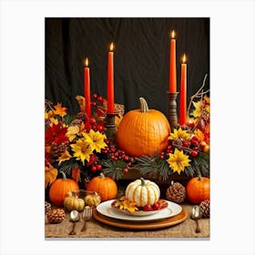 Autumn Harvest Table Centerpiece Overflowing With Gourds And Pumpkins Surrounded By Red And Gold C (1) 2 Canvas Print