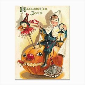 Masked Boy Riding A Big Pumpkin On Halloween Night Canvas Print