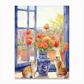 Cat With Snapdragon Flowers Watercolor Mothers Day Valentines 2 Canvas Print