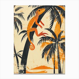 Orange Lizard On The Palm Trees Block Print Canvas Print