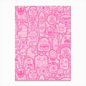 Cute Clusters of Monsters and Aliens Pink Monochrome Kids Canvas Print