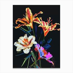 Neon Flowers On Black Bouquet 1 Canvas Print