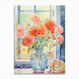 Cat With Chrysanthemum Flowers Watercolor Mothers Day Valentines 3 Canvas Print