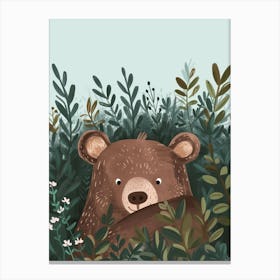 Brown Bear Hiding In Bushes Storybook Illustration 4 Canvas Print
