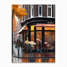 Amsterdam cafes, autumn season, rain, autumn oil colours.Faded colours,People passing on the street, winter clothes, rain umbrellas.1 2 Canvas Print