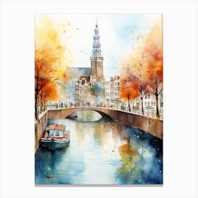 Amsterdam, Netherlands In Autumn Fall, Watercolour 3 Canvas Print
