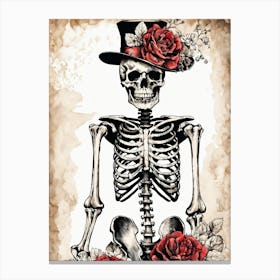 Floral Skeleton With Hat Ink Painting (66) Canvas Print