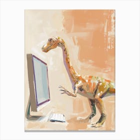 Dinosaur On A Computer Beige Brushstrokes Canvas Print