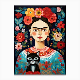 Frida Kahlo Portrait With Black Cat Mexican Painting Botanical Floral Canvas Print