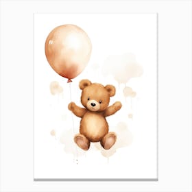 Baby Bear Flying With Ballons, Watercolour Nursery Art 4 Canvas Print