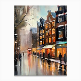 Amsterdam cafes, winter season, winter oil colors, pedestrians in the street, winter clothes, rain falling, Amsterdam print, Netherlands print, travel gift, Netherlands poster.69 Canvas Print