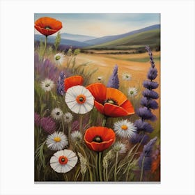 Vintage Poppies In The Meadow Landscape Canvas Print