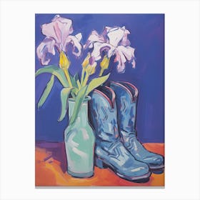 A Painting Of Cowboy Boots With Lilac Flowers, Fauvist Style, Still Life 4 Canvas Print