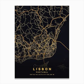 Lisbon Portugal Black And Gold Map Canvas Print