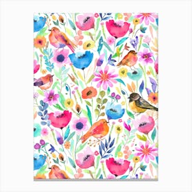 Hidden Whimsical Meadow Birds Color Canvas Print