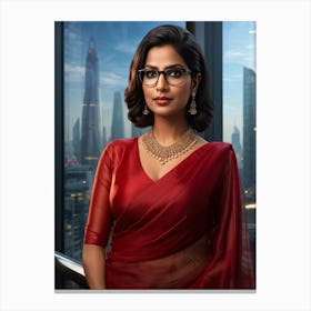 Indian Businesswoman Mid 30s Formal Saree Reimagined With Contemporary Flair Short Styled Hair G Canvas Print