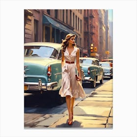 New York Middle 20th Century Walking Girl Retro Cars 3 Canvas Print