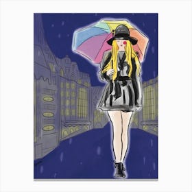 Girl With Rainbow Umbrella Walking Trough The Rainy Night Canvas Print