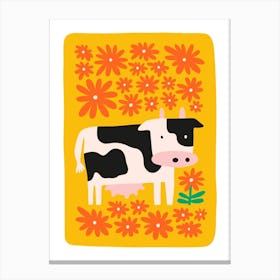 Nursery Cow Floral Yellow Canvas Print