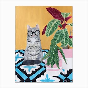 Clever Cat With House Plant Canvas Print