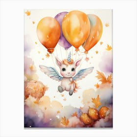 Unicorn Flying With Autumn Fall Pumpkins And Balloons Watercolour Nursery 2 Canvas Print