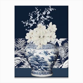 Navy blue and white Chinoiserie Flowers in Vase Canvas Print