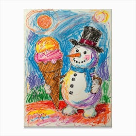 Snowman With Ice Cream Cone Canvas Print
