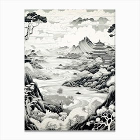 Aogashima Island In Tokyo, Ukiyo E Black And White Line Art Drawing 2 Canvas Print