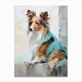 Shetland Sheepdog Dog, Painting In Light Teal And Brown 2 Canvas Print