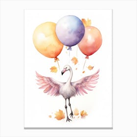 Flamingo Flying With Autumn Fall Pumpkins And Balloons Watercolour Nursery 3 Canvas Print