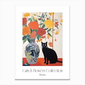 Cats & Flowers Collection Rose Flower Vase And A Cat, A Painting In The Style Of Matisse 6 Canvas Print