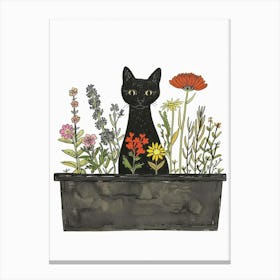 Black Cat In Flower Pot Canvas Print