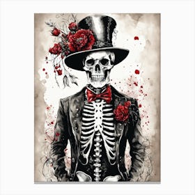 Floral Skeleton With Hat Ink Painting (31) Canvas Print