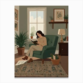 Woman Reading In The Living Room 1 Canvas Print