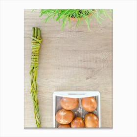 Easter Eggs On Wooden Table Canvas Print