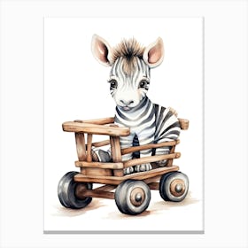 Baby Zebra On A Toy Car, Watercolour Nursery 0 Canvas Print