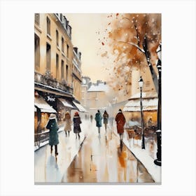 Paris cafes, winter season, Christmas, autumn oil colors, pale colors, pedestrians in the street, winter clothes, falling snow.Christmas decorations.5 2 Canvas Print