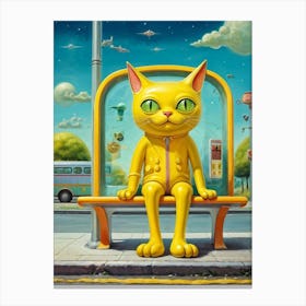 Extraterrestrial Cat With Yellow Cat Eyes Waiting At A Bus Stop Whimsical And Friendly Demeanor Su Canvas Print