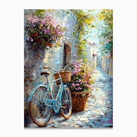 Charming Vintage Bicycle With Flowers – Rustic Alleyway Wall Art Print Canvas Print