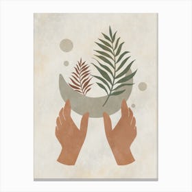 Two Hands Holding A Leaf Canvas Print