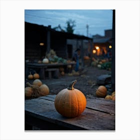 A Gourd Carefully Resting On A Weathered Wooden Table Settingfootprint In The Cement Market Under (3) Canvas Print