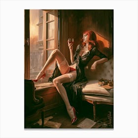 Lady In Black With A Glass Of Red Wine Canvas Print