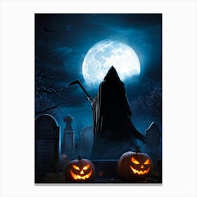 Sinister Reaper Silhouetted Against A Full Moon On Halloween Night Draped In A Tattered Black Cloak (2) Canvas Print