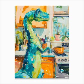 Dinosaur Cooking In The Kitchen Blue Brushstrokes 3 Canvas Print