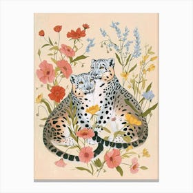 Folksy Floral Animal Drawing Snow Leopard Canvas Print