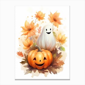 Cute Ghost With Pumpkins Halloween Watercolour 84 Canvas Print