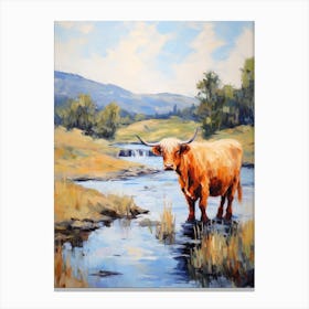Impressionism Style Painting Of A Highland Cattle In The River 4 Canvas Print