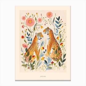 Folksy Floral Animal Drawing Jaguar 4 Poster Canvas Print